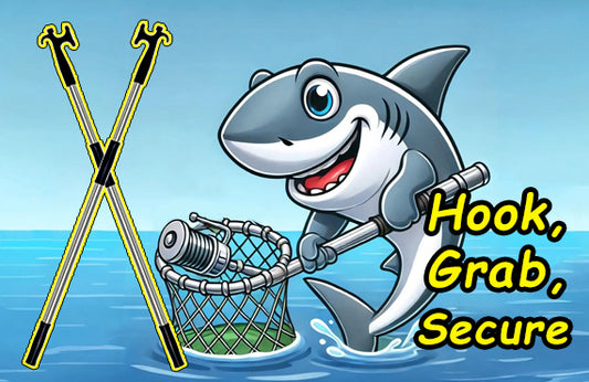 Cartoon shark using a telescopic gaff to catch a fishing net in the water, showcasing SEAWATT's versatile marine tool. Hook, grab, secure for boat safety. Gaffe télescopique pour la sécurité nautique.