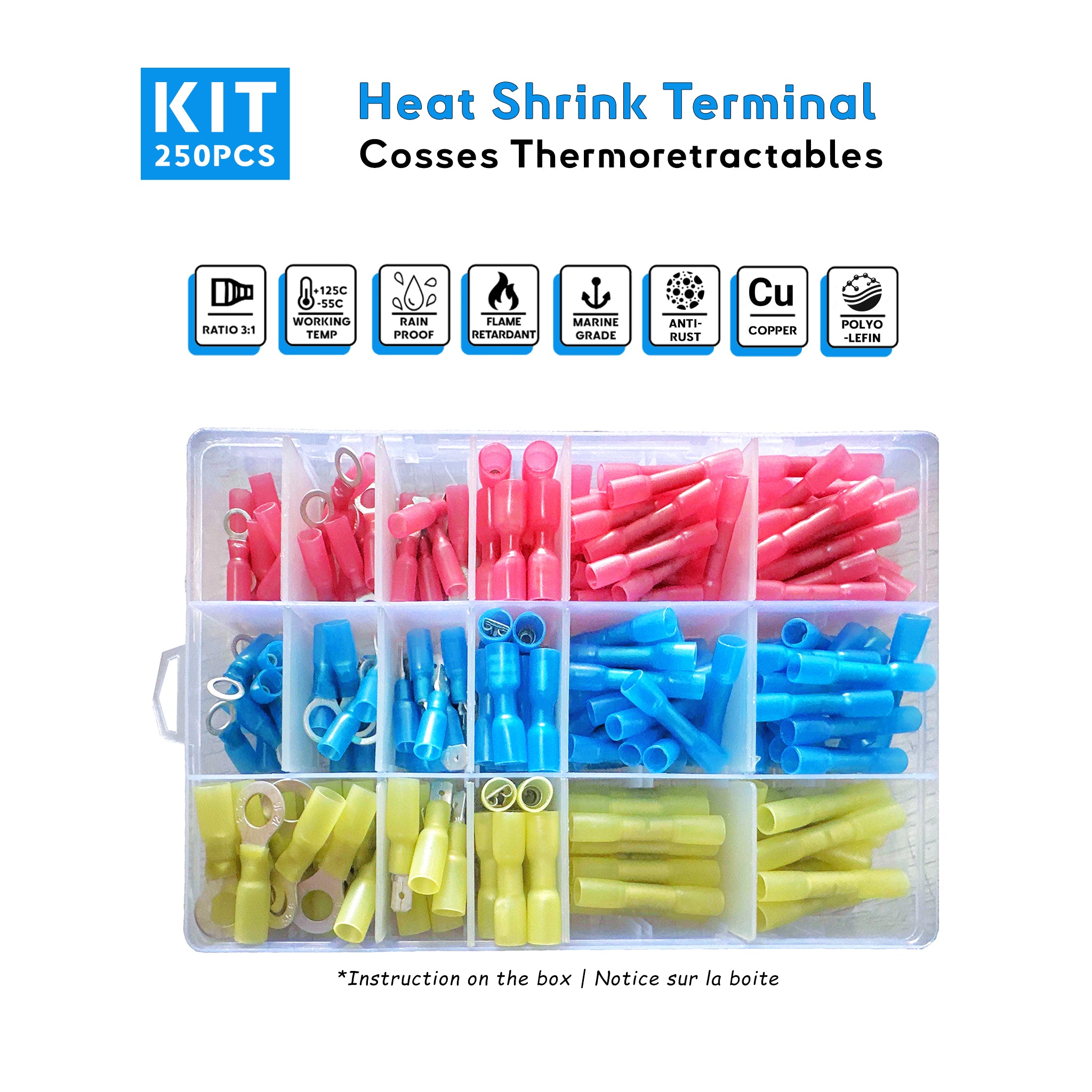 250pcs Marine-Grade Heat Shrink Terminals Kit – High-Quality Copper Waterproof Connectors for Boat DIY and Electrical Repair