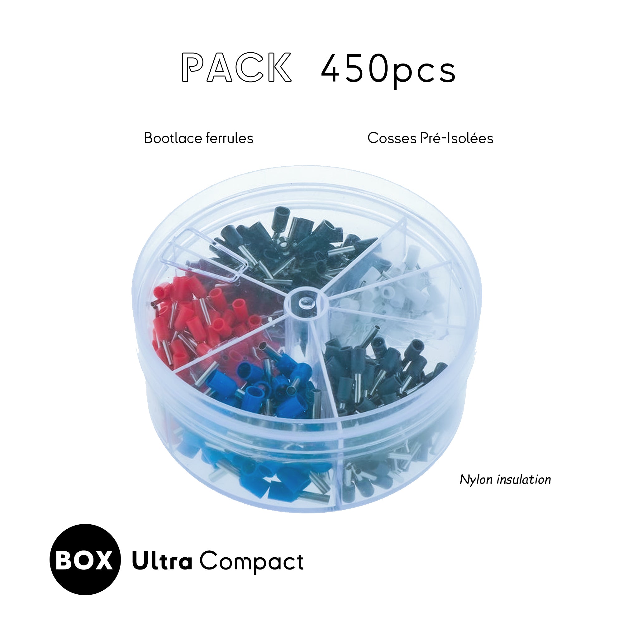 450pcs Wire Ferrule Crimp Terminals Kit with insulated bootlace ferrules, ideal for marine and boat electrical connections, neatly organized in a compact storage box.