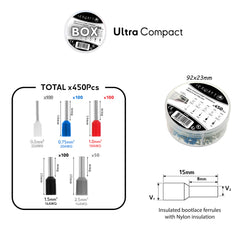 Assortiment de 450 embouts de câblage pré-isolés pour applications marines, avec une boîte de rangement compacte et pratique, idéale pour des connexions électriques fiables et durables.