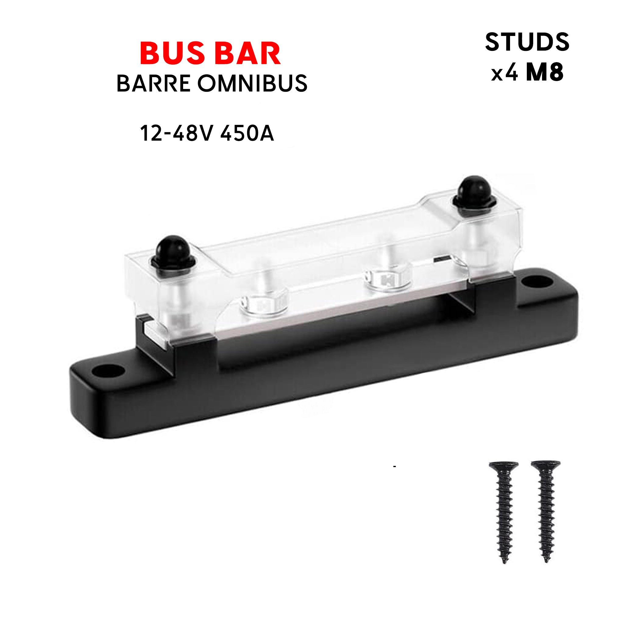 Seawatt Marine Bus Bar high Amp 48V 300A - 4 Studs M8 (Black) - Simplifies Boat Electrical Wiring Barrette de distribution omnibus forte pussiance marine Seawatt - 4 goujons 4 voies M8 noir