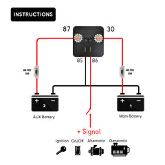 Marine Seawatt Schéma de fonctionnement du relais séparateur de batterie double 12V 200A avec schema de declenchement signal +(Diagram of 12V 200A Dual Battery Isolator Relay Function) with trigger options