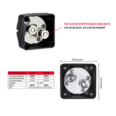 Heavy-Duty Marine Battery Switch 300A 600A - SEAWATT Marine Grade Tinned plated circuit breaker back side with the bold M10-M12 - SEAWATT