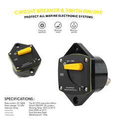 Seawatt Panel-Mount Thermal Circuit Breaker with Manual Reset and On/Off Switch. Ideal for protecting electrical circuits from overload while providing manual power control. Suitable for various marine applications for boat