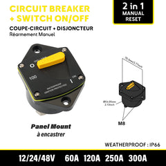 Disjoncteur thermique Seawatt à montage sur panneau avec réinitialisation manuelle et interrupteur marche/arrêt. Parfait pour protéger les circuits électriques contre les surcharges tout en offrant un contrôle manuel de l'alimentation. Convient à diverses applications marine pour bateaux.