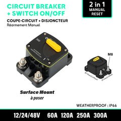 Ultimate Protection for Your Marine Electrical Systems with our 2-in-1 Circuit Breaker + Switch On/Off. This manual reset circuit breaker offers high performance and reliability, designed for demanding marine environments. Featuring 60A, 120A, 250A, and 300A amp ratings, a weatherproof IP66 rating, and a surface mount design for easy installation. Ideal for marine equipment, electrical protection, and industrial control systems.