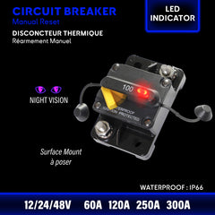 Marine circuit-breaker with led indicator light manual reset surface mount avaibalbe in 60A/120A/250A/300A 12-48V guenine power and waterproof IP66 for boat - disjoncteur led avec vision de nuit pour application bateau