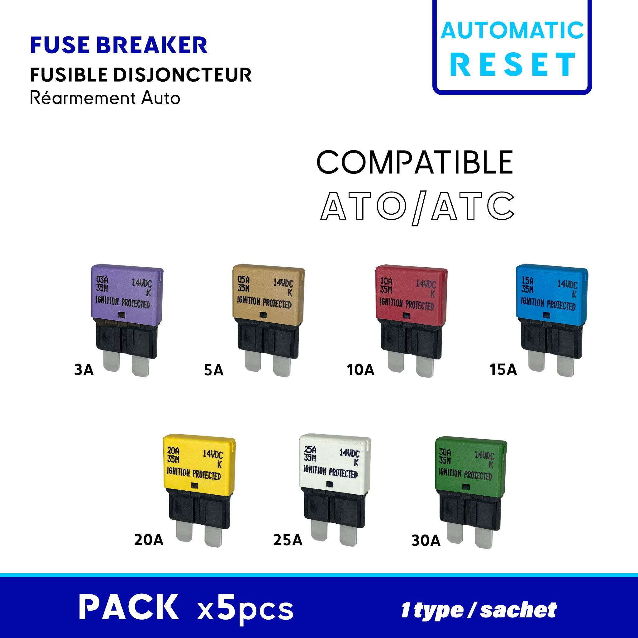 Auto reset fuse breaker ATO/ATC Marine fuse block SEAWATT Fusible Rearmable Fusible rearmement automatique bateau porte fusible ATO SEAWATT pack 5pcs/Sachet