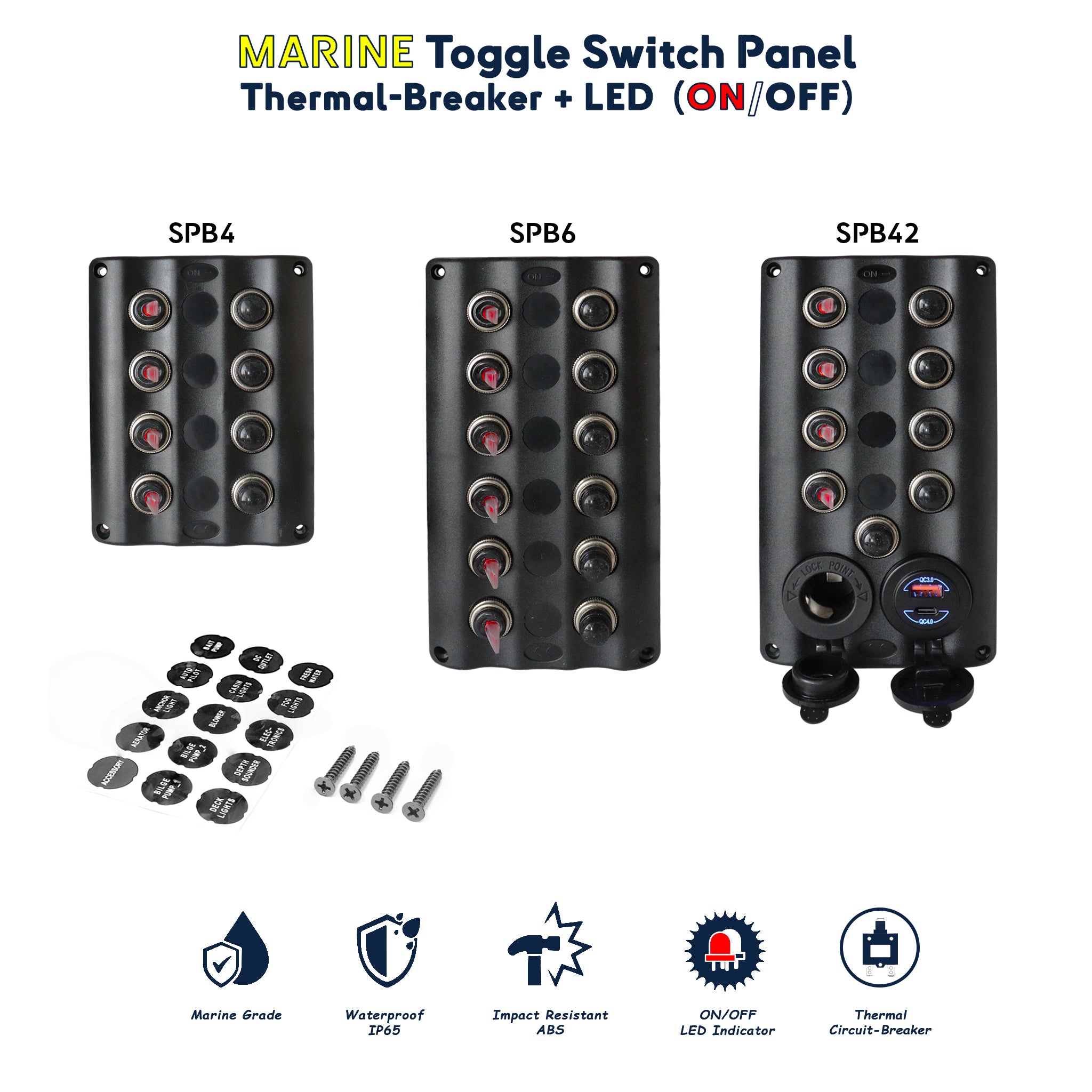 Gamme complète de panneaux de commutateurs marins SPB Series, SEAWATT avec LED ON/OFF et disjoncteurs thermiques, pour contrôle d'équipements marins, étanchéité IP65, options USB et allume-cigare.