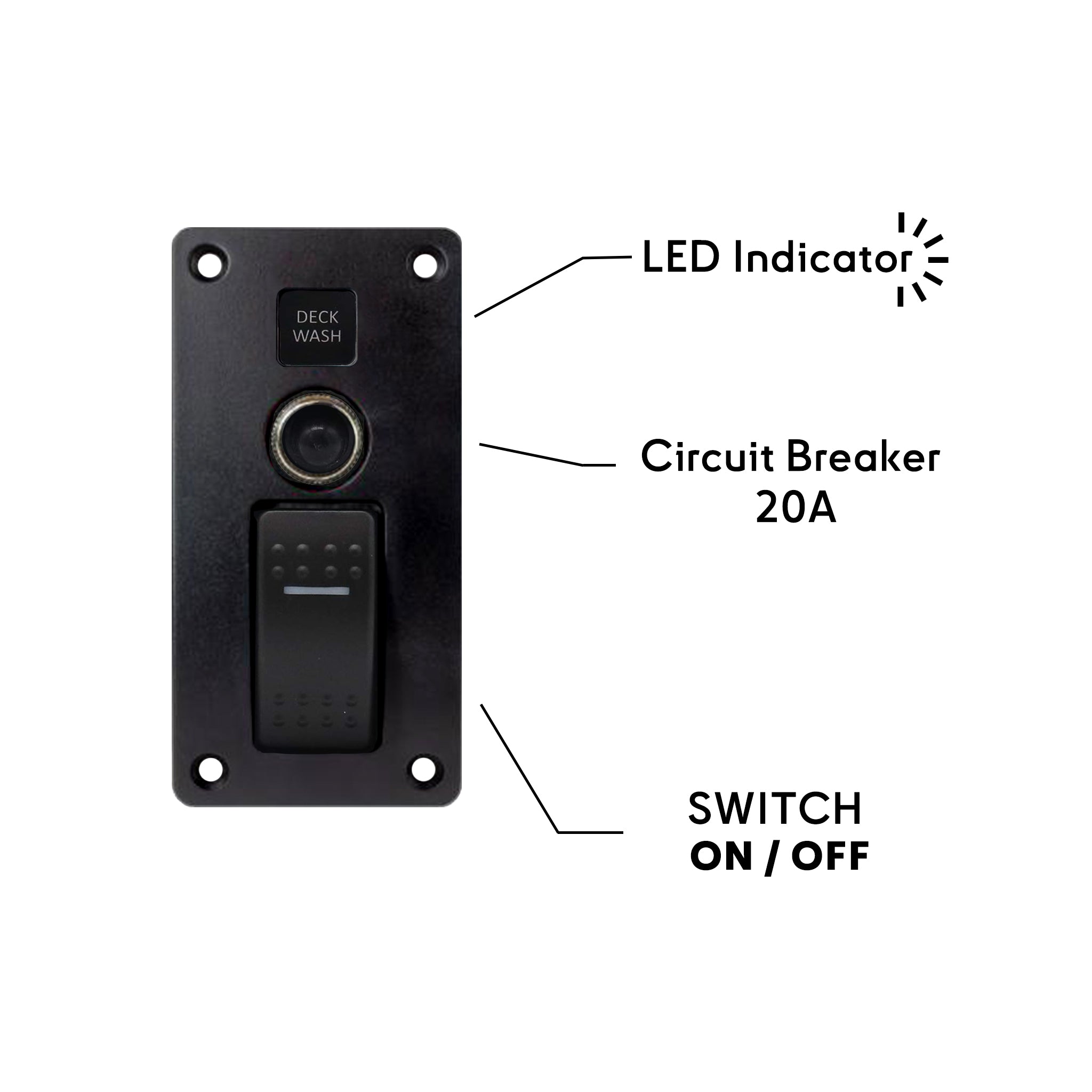 Panneau de commande de lavage de pont Seawatt avec indicateur LED et interrupteur marche/arrêt. Panneau de qualité marine pour contrôler les systèmes de lavage de pont de bateau. Dispose d'un indicateur d'état LED éclairé, d'un interrupteur marche/arrêt durable et d'un disjoncteur thermique intégré pour une protection contre les surcharges