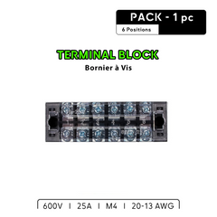 Seawatt 6-position marine-grade terminal block kit for organizing and connecting boat electrical wires. Kit de bornier électrique marine Seawatt à 6 positions 25A pour organiser et connecter les fils électriques du bateau.