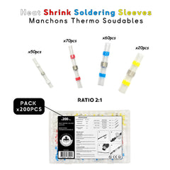 Aperçu visuel de 200 manchons thermo-soudables avec un rapport de rétreint 2:1, conçus pour les épissures de fils étanches, avec des tailles codées par couleur pour une sélection facile.