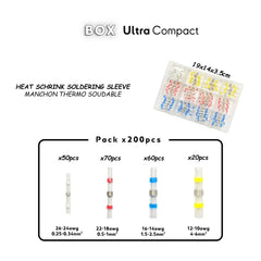 Compact box containing 200 heat shrink soldering sleeves in four sizes, color-coded for easy identification: 50 white (26-24 AWG), 70 red (22-18 AWG), 60 blue (16-14 AWG), and 20 yellow (12-10 AWG) waterproof IP67 Marine Grade