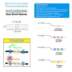 Specifications and usage instructions for heat shrink soldering sleeves, highlighting characteristics like IP67 waterproof rating, transparent sleeves, and correct application technique