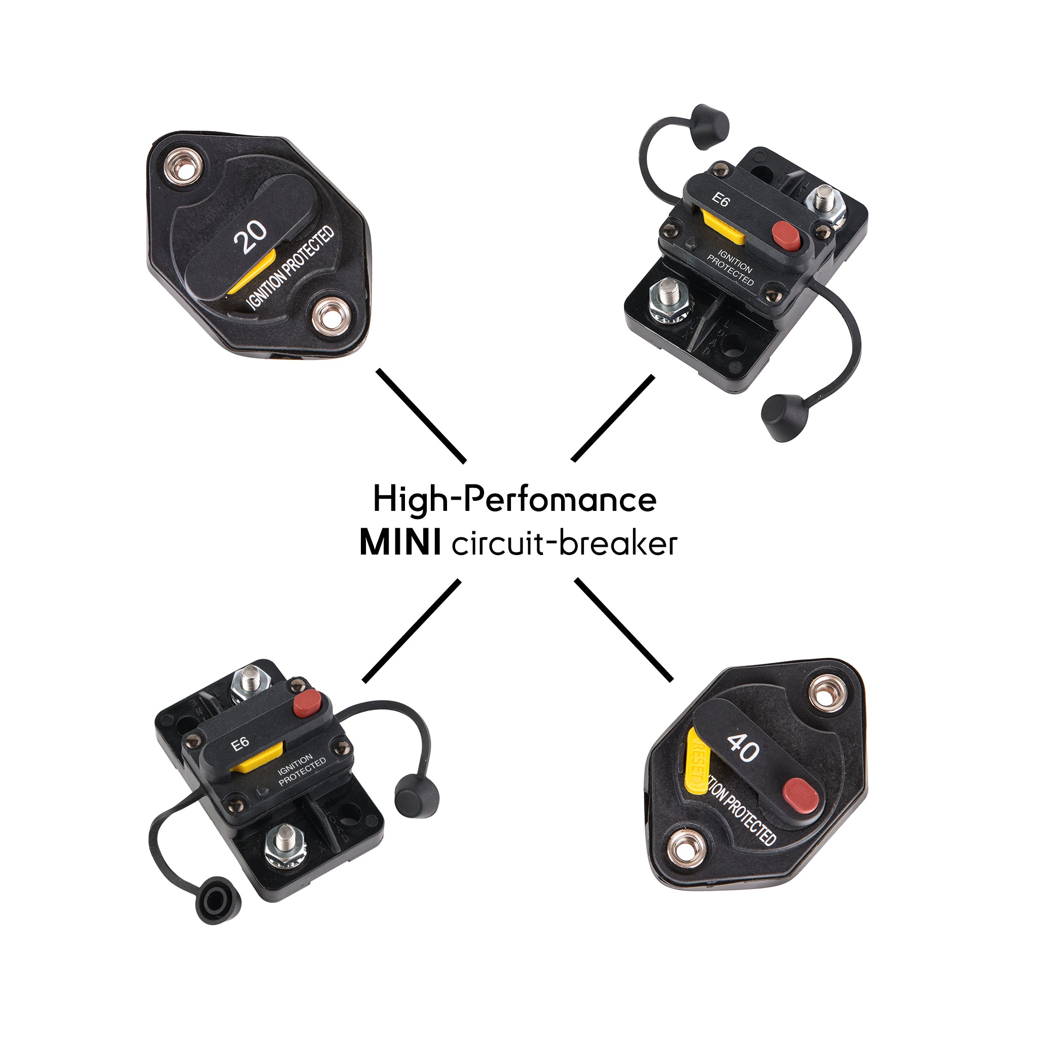 Disjoncteur thermique miniature Seawatt® de qualité marine avec réinitialisation manuelle et interrupteur marche/arrêt (30A-60A). Étanche (IP66) et protégé contre l'allumage pour un fonctionnement sûr sur les bateaux et autres applications marines