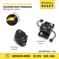 Seawatt® Marine Grade Mini Thermal Circuit Breaker with Manual Reset and On/Off Switch (30A/60A). Waterproof (IP66) and ignition protected for safe operation on boats and other marine applications.