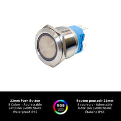 22mm Push Button - 8 Colors, Addressable, Latching and Momentary, Waterproof IP65"Bouton poussoir 22mm - 8 couleurs, adressable, maintenu et momentané, étanche  SEAWATT 