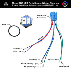 22mm RGB LED Push Button Wiring Diagram with Pre-Wired Connector Schéma de câblage du bouton poussoir LED RGB 22mm avec connecteur pré-câblé SEAWATT