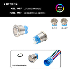 Seawatt Two Options: 22mm Push Button - On/Off Latching and Momentary  Deux options : Bouton poussoir 22mm - On/Off maintenu et momentané RGB RVB Leds