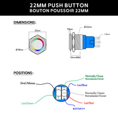 Seawatt 22mm Push Button Dimensions and Wiring Positions  Dimensions et positions de câblage du bouton poussoir