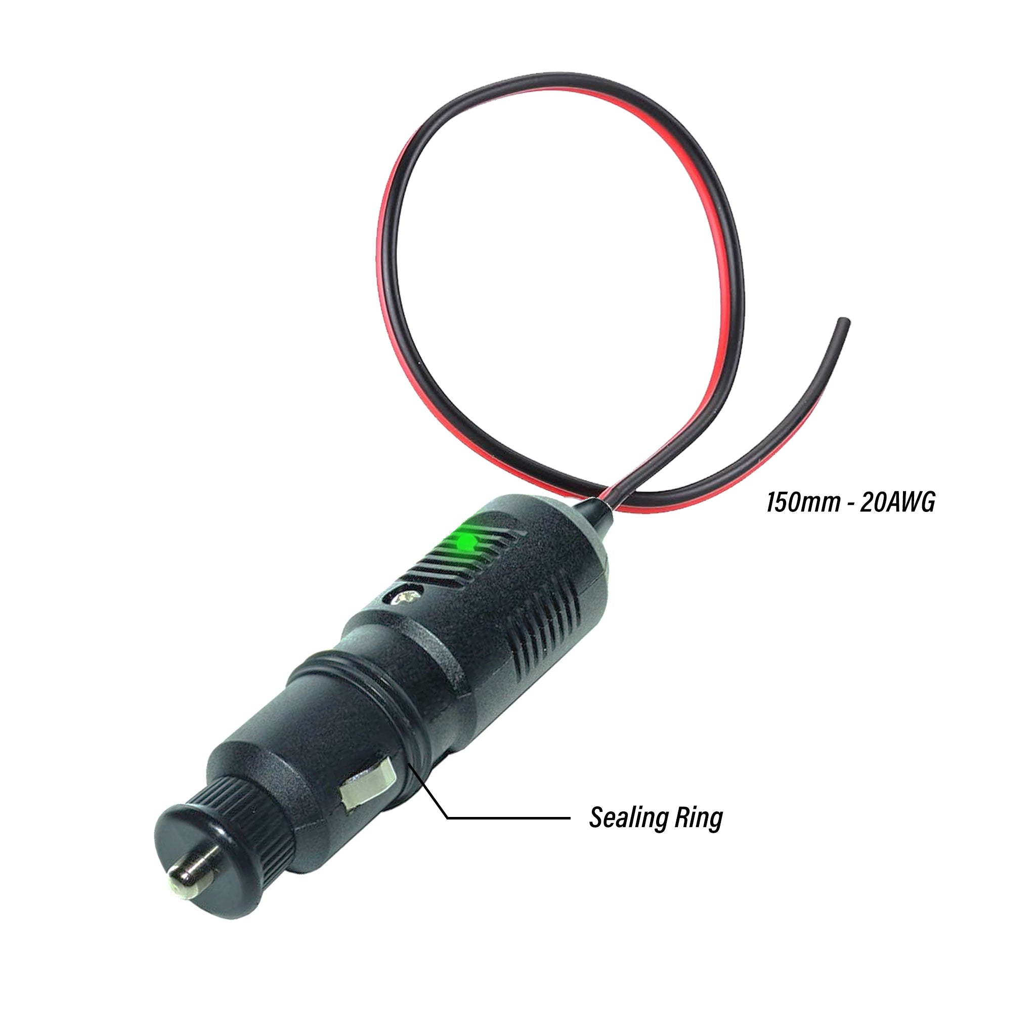 Cigar plug with green led - 12v 10A  marine grade with 150mm cable 20 awg 120w max nylon glass body and sealing ring. fiche allume etanche avec voyant led vert 120w pour bateau , seawatt dedicated marine supplies