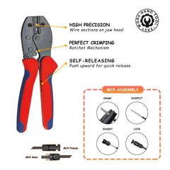 Outil de sertissage MC4 avec mécanisme à cliquet, crimpage de haute précision pour connecteurs solaires avec libération automatique. Application bateau. Seawatt PVCT