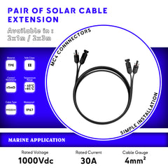 Solar Cable Extension Kit with MC4 connectors available in 2x1 meter and 2x3 meter lengths for marine and photovoltaic applications.