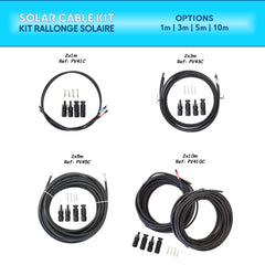 Complete solar cable kit overview featuring different lengths (1m, 3m, 5m, 10m) with MC4 connectors for flexible photovoltaic installations. Includes high-quality H1Z2Z2-K cables for reliable performance. Seawatt