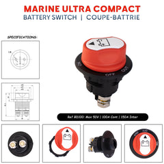Mini coupe-batterie 100A ultra-compact pour tableau de bord avec interrupteur rotatif et bouton amovible, schema technique..