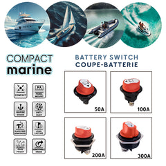 Gamme complète de coupe-batteries marins ultra-compacts (50A-300A) pour bateaux, yachts, jet-skis, et voiliers.