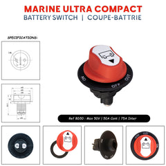 Ultra-compact rotary battery switch 50A for marine applications, featuring ON-OFF-OUT positions and removable knob with dimensions.