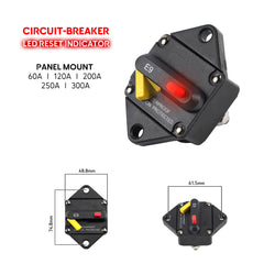 Disjoncteur marin étanche avec indicateur LED et réarmement manuel, idéal pour une installation sur panneau, disponible de 60A à 300A pour applications marine Seawatt CBL Series