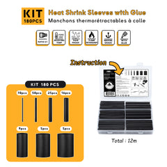 Kit manchons thermorétractables KSTG180 montrant les 7 diamètres disponibles et les caractéristiques clés telles que la résistance au feu et la qualité marine. heat shrink sleeves kit showing the 7 available diameters and key features like flame retardant and marine-grade quality seawatt