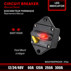 Waterproof marine thermal circuit breaker with manual reset, LED indicator, and 60A to 300A options for boats, yachts, and outdoor installations. Ideal for surge protection and low-light visibility SEAWATT®