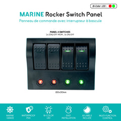 Front view of the marine rocker switch panel RSP4, showing 4 rocker switches with bi-color LED indicators for easy control of onboard devices - Seawatt.