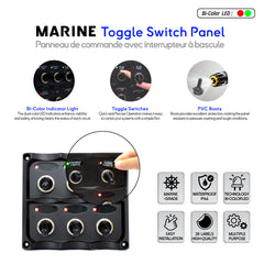 Panneau de commande marin à interrupteurs basculants avec indicateurs LED bicolores, améliorant la visibilité et la sécurité à bord des navires. TSP Series, SEAWATT