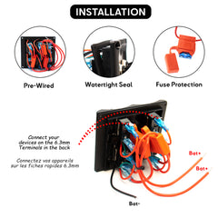 Guide d'installation du panneau de commande marin à interrupteurs basculants, montrant les connexions pré-câblées, le joint étanche et la protection par fusible.