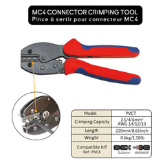 MC4 solar connector crimping tool with specifications, highlighting crimping capacity, length, weight, and compatible kits for solar installations. PVCT Seawatt