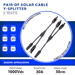 2-way Y-splitter for marine solar installations, MC4 connectors, 4mm² cable, rated 1000V 30A, ideal for connecting solar panels in parallel