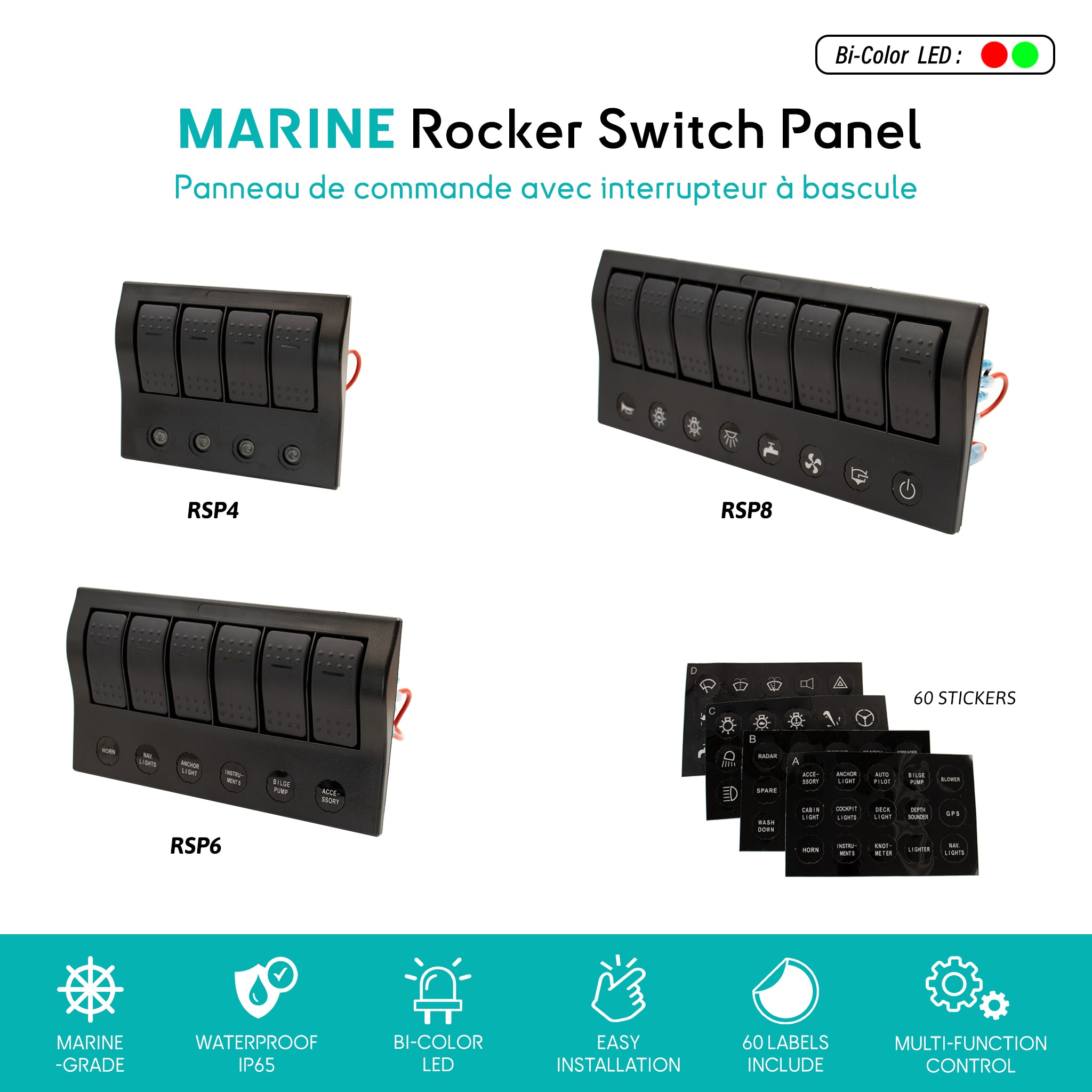 Panneau électrique de commutateurs bateau avec interrupteurs à bascule étanche pour contrôle des appareils à bord, disjoncteurs intégrés, disponible en versions 4, 6 et 8 interrupteurs - Seawatt.