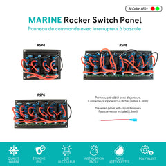 Vue arrière des panneaux de commutateurs bateau montrant le câblage et les connexions des disjoncteurs, idéal pour les installations électriques marines - RSP4, RSP6, et RSP8 Seawatt.