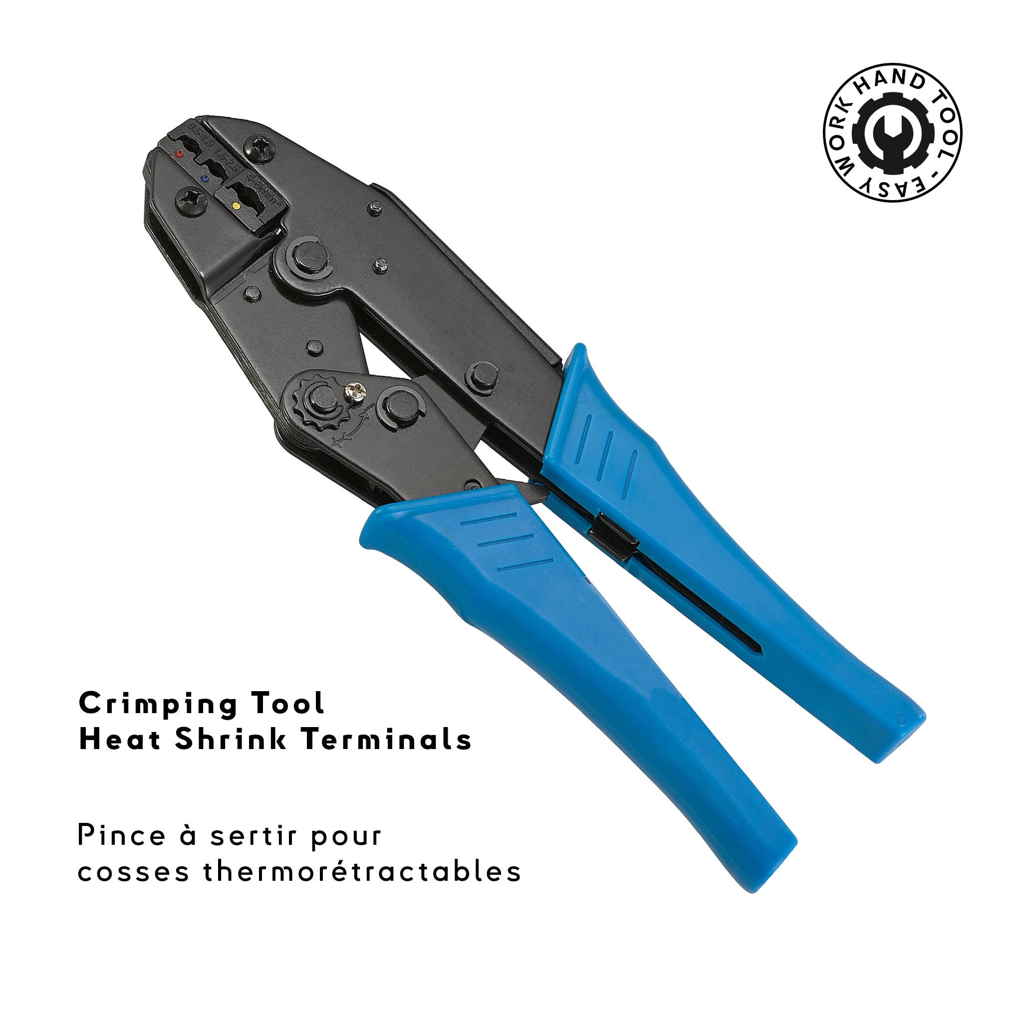 Pince à sertir manuelle pour cosses thermorétractables avec des poignées bleues, conçue pour une précision et une fiabilité de qualité professionnelle. Idéale pour sécuriser les sertissages sur les cosses thermorétractables pour diverses applications électriques. Comprend des sections codées par couleur pour différentes tailles de fils. CTST Seawatt