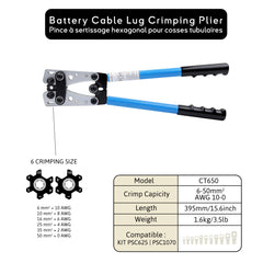 Pince à sertissage hexagonal pour cosses tubulaires CT650, 6 tailles de sertissage 6-50mm², compatible avec les kits PSC625 et PSC1070, outil professionnel pour systèmes électriques marins. Seawatt CT650 | HX-50B type